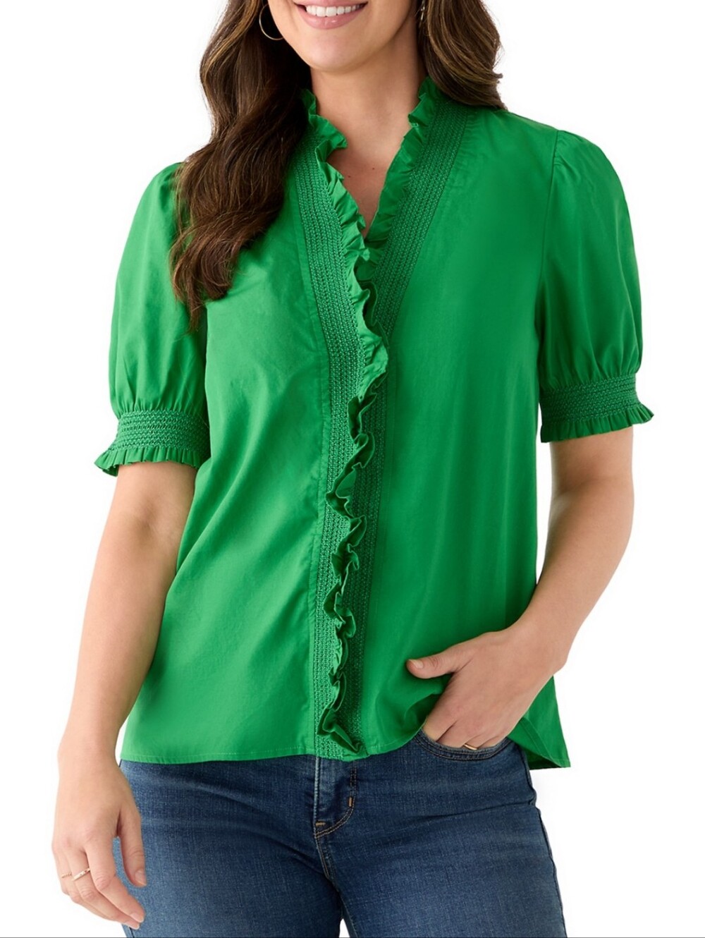 crown & ivy Green Ruffle Neck Short Sleeve Top